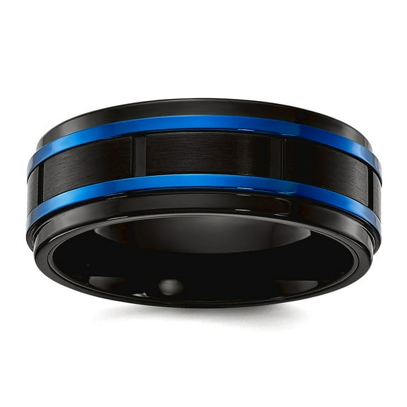 Titanium Brushed and Polished Black And Blue Ip Plated 8mm Band Size 8.5 Ring for Women and Men