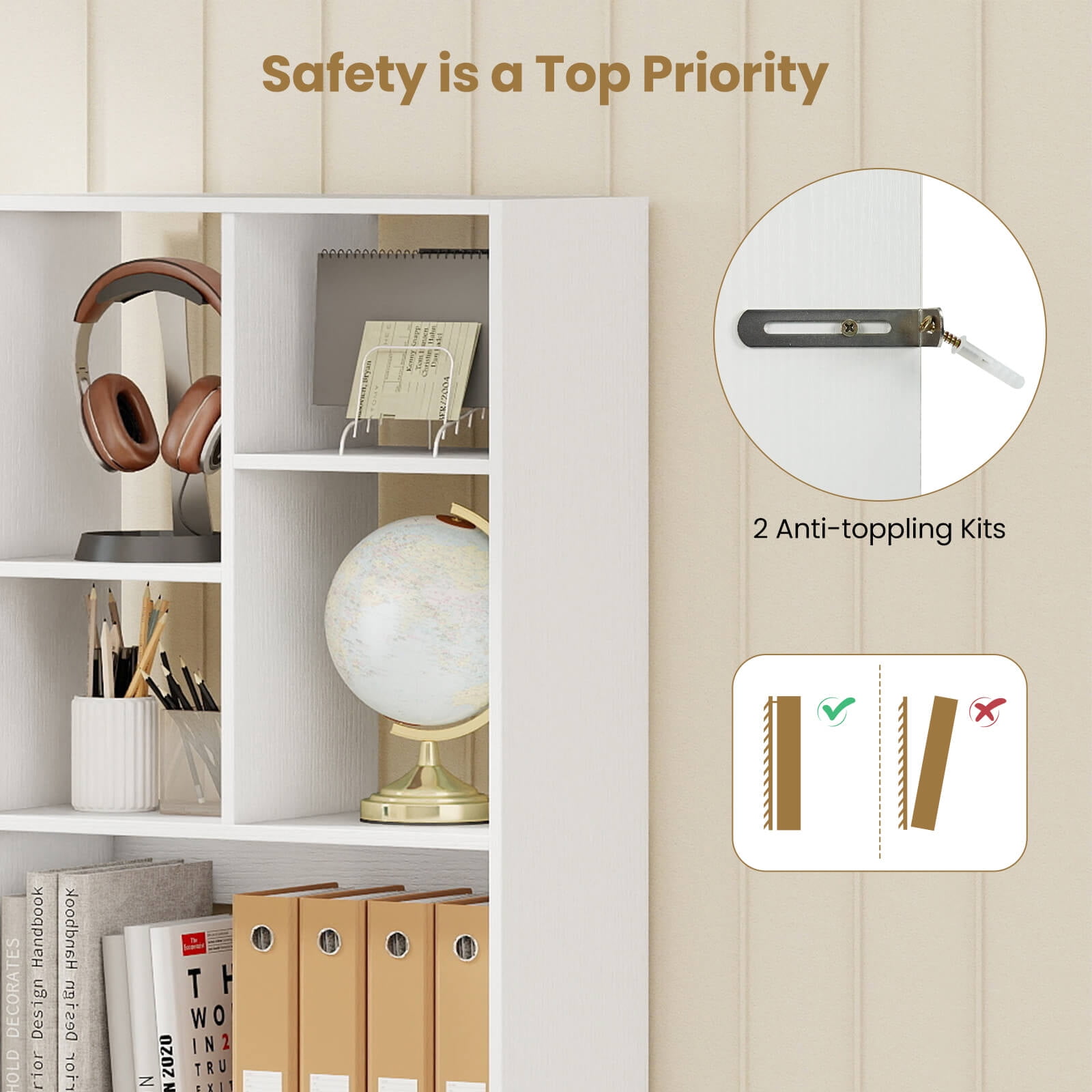 Costway 2 PCS 51” Tall Bookcase with Drawer 7 Open Cubes Anti-toppling Kits for Study Home White