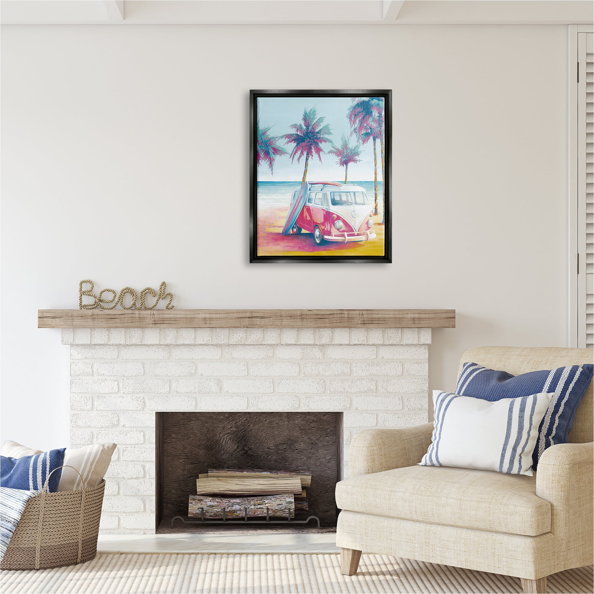 Stupell Industries Tropical Minibus on Beach Transportation Painting Black Floater Framed Canvas Art Print Wall Art, 25 x 31