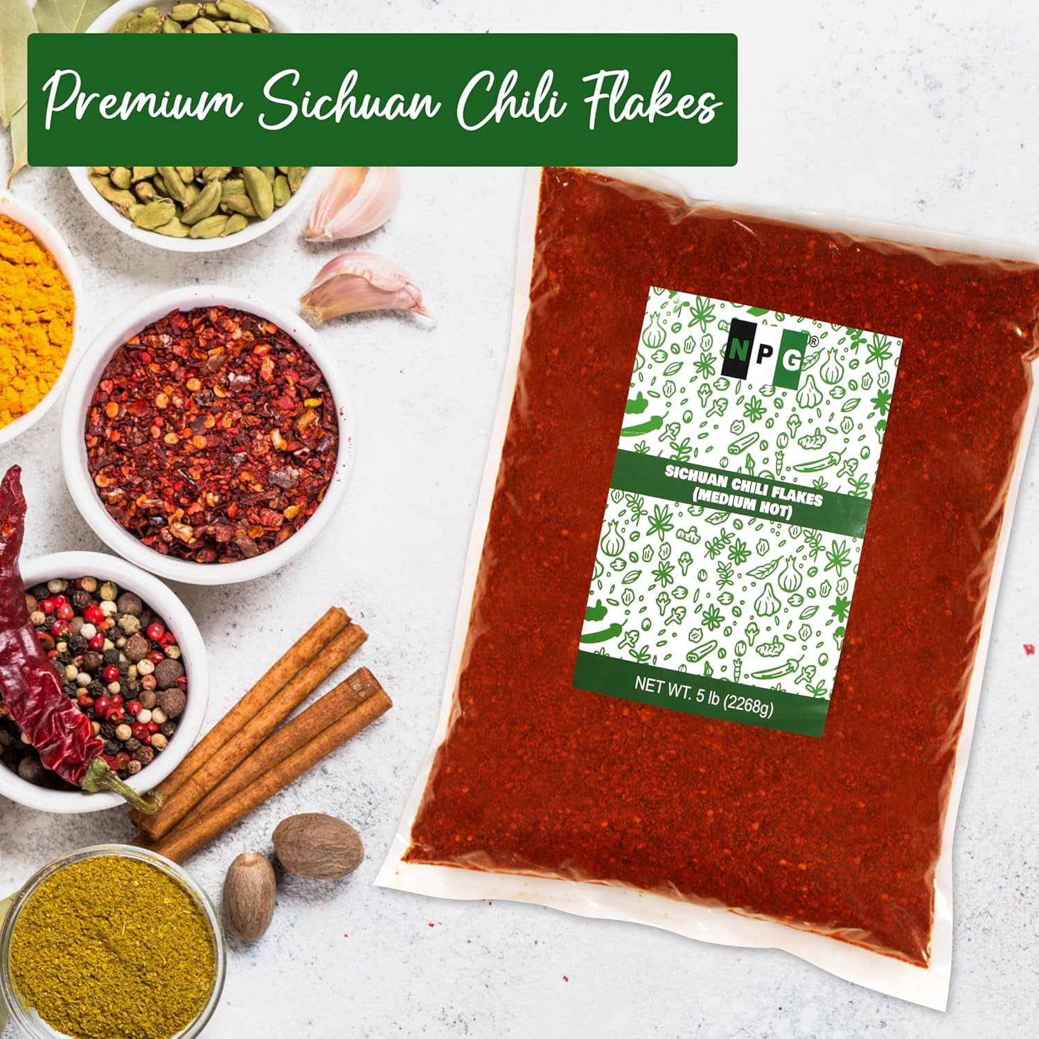 NPG Authentic Sichuan Chili Flakes 5 LB Bulk, Medium Hot, Szechuan Crushed Red Pepper Flakes Bulk, Essential Spice Seasoning for Making Kimchi, Chili Oil, Stir-fry, Pizza, Salads, and Tacos