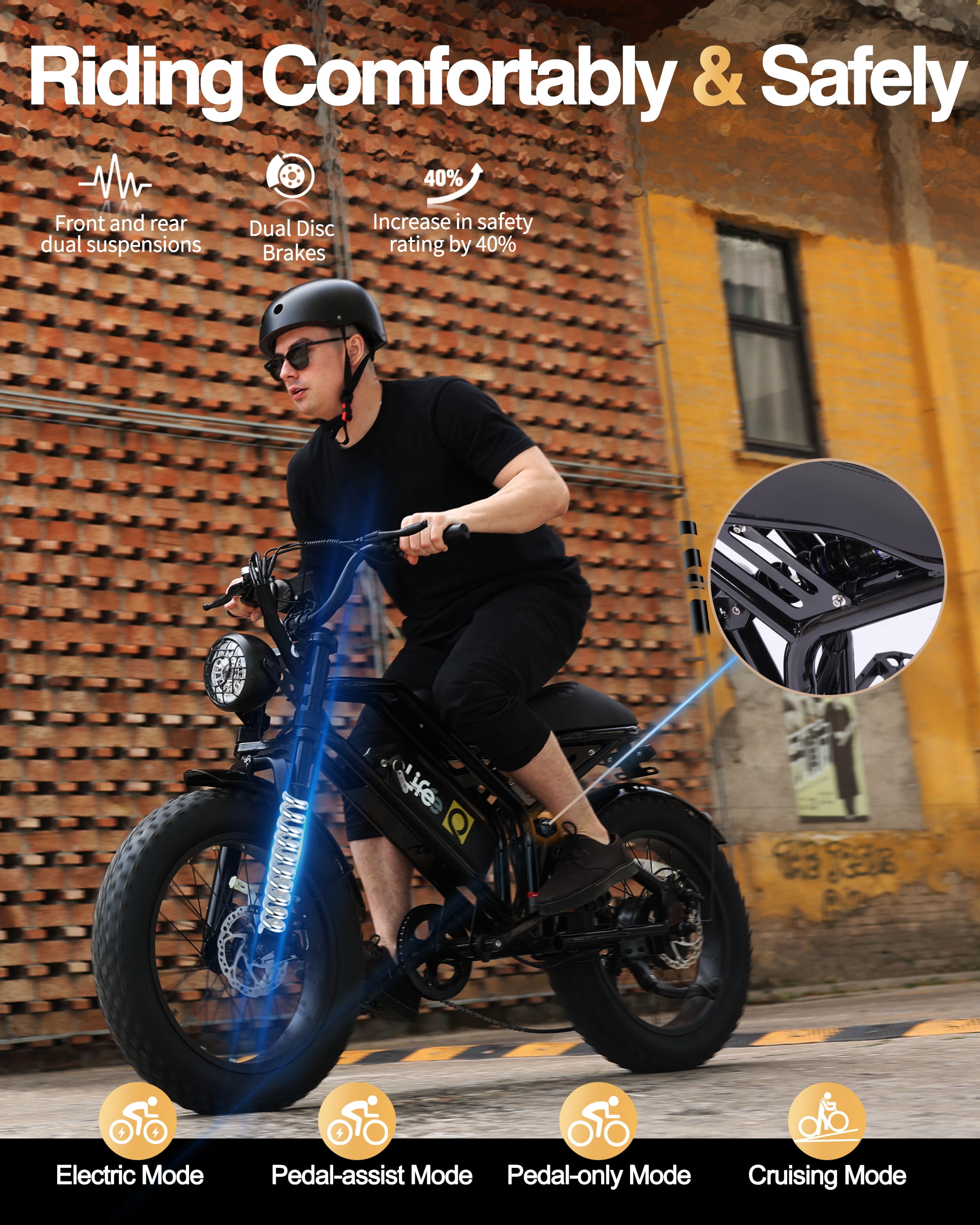 Electric Bike for Adults, 1500W Peak 28 MPH 20" Fat Tires Electric Bicycle with Dual Suspension & Brakes Motorcycle, E-Bike Black & Brown