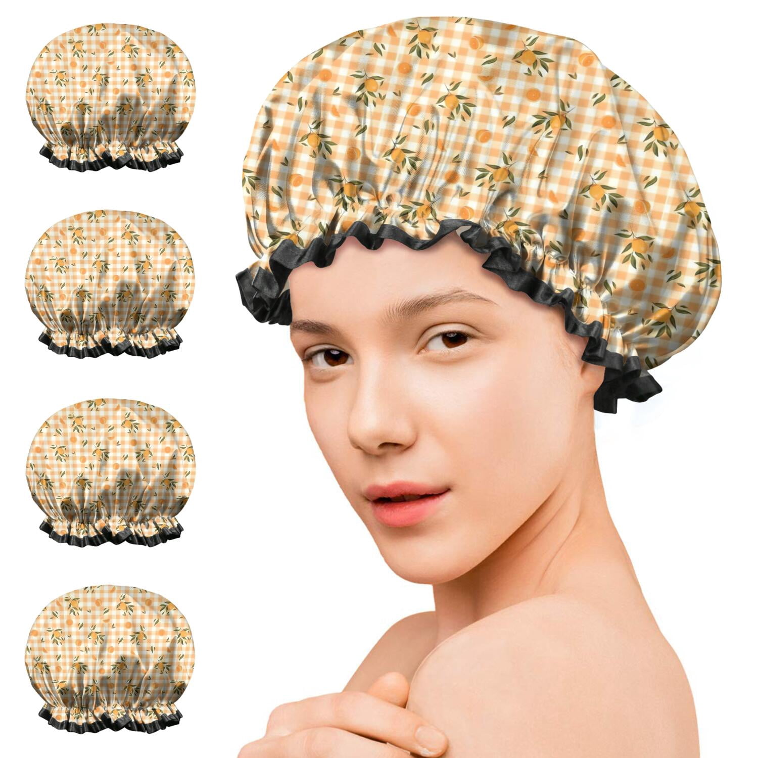 Shower Caps,Yellow Lemon Fruit Trees Orange Pattern Waterproof Shower Cap for Women 4 Pieces,Double Reusable Hair Cover for Shower PEVA Elastic Stretch Hem
