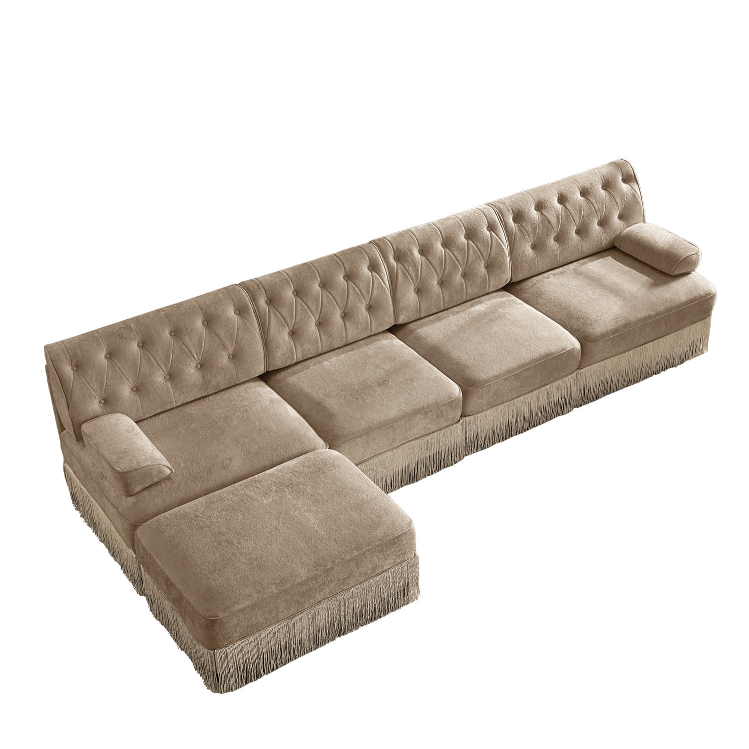 Hommoo 4-Seater Chesterfield Style Velvet Fabric L-Shaped Sectional Sofa, Tufted Button Upholstered Design and Floor-grazing Tassel, Free Combination Sofa Couch Set, for Home, Camel