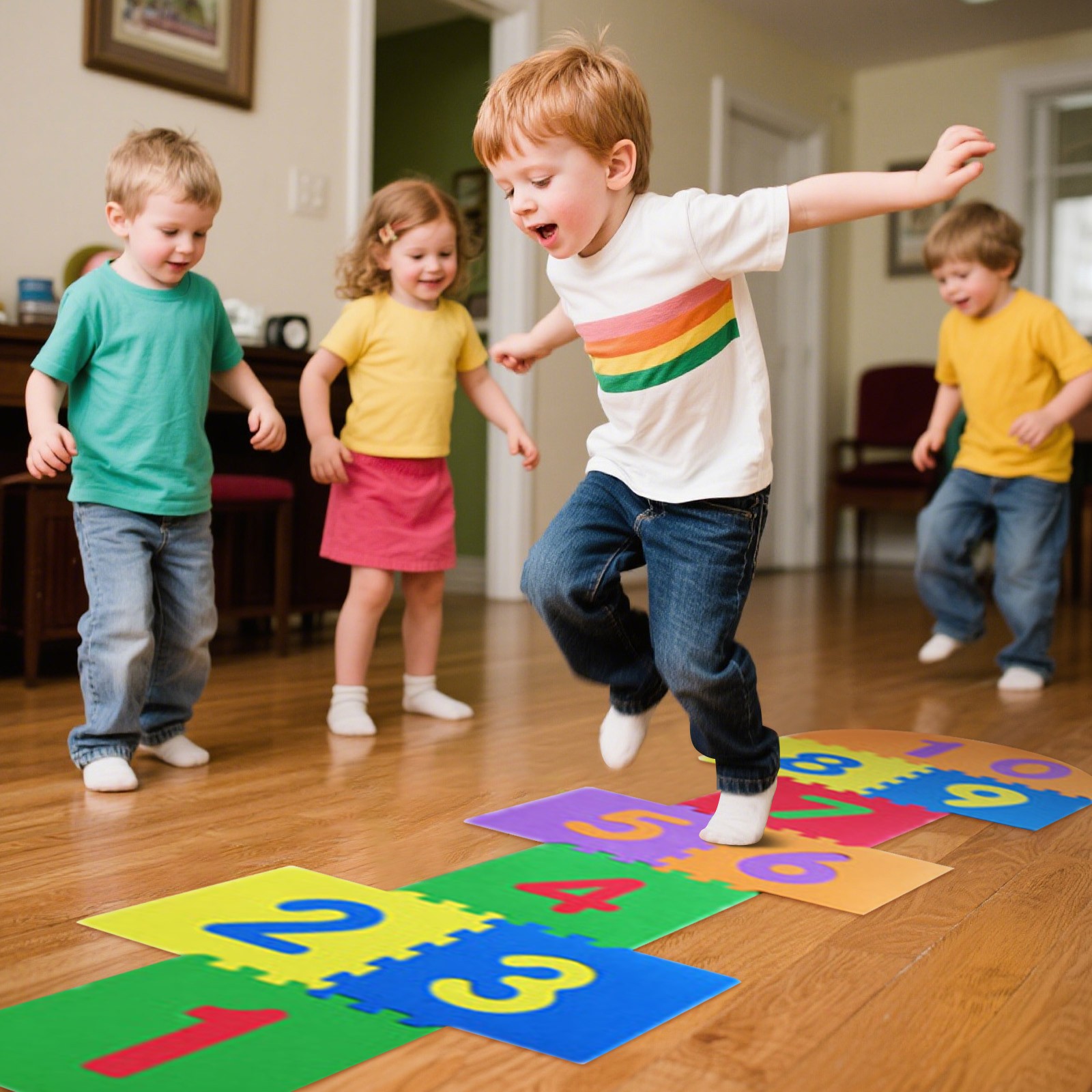 Children’s Hopscotch Game Mat, 9-Piece EVA Foam Floor Puzzle for Indoor Outdoor Play, Non-Toxic Rainbow Tiles – 210 x 60 cm Assembled
