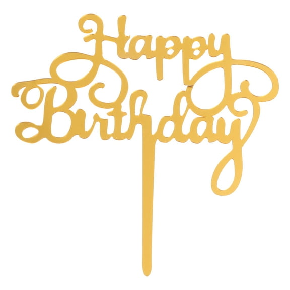 OUNONA Cute Art Word Happy Birthday Cake Topper Golden Acrylic for Cupcake Decor