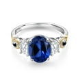 thumbnail image 2 of Gem Stone King 925 Silver and 10K Yellow Gold 3-Stone Ring Oval Blue Created Sapphire and Moissanite (2.81 Cttw, Size 8), 2 of 3