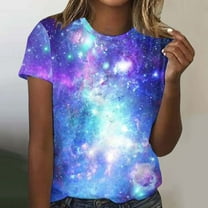 Women's 2025 Starry Galaxy Shirt 3D Galaxy Print T Shirt Glitter Shirt Fashion Starry Summer Shirt Round Neck Short Sleeve Top Carnival Outfit