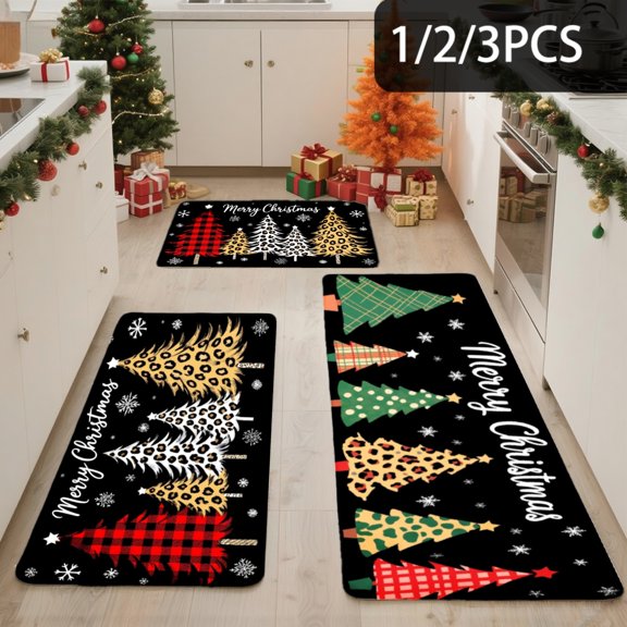 3PCS Kitchen Mat set, Welcome Door Flannel Rug,Home Decor for Front Door,Kitchen, Bathroom, Christmas Tree Plaid Snowflake Pattern Print ,Great Thanksgiving Day