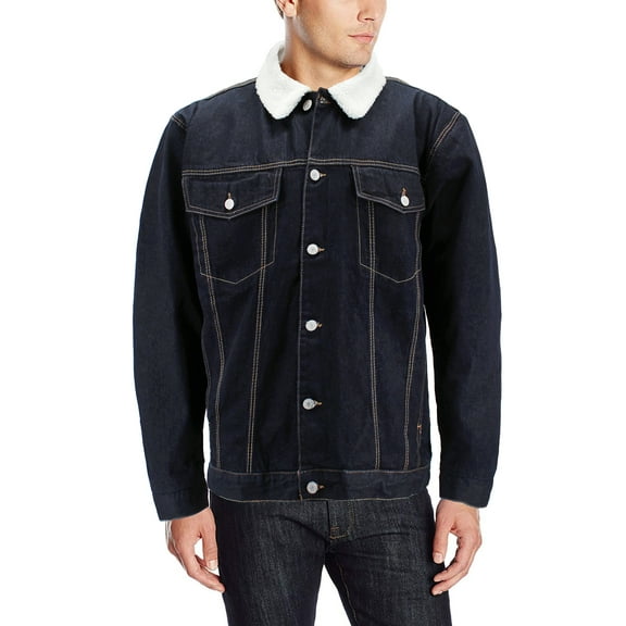 Men’s Dark Blue Cotton Button Up Trucker Jean Sherpa Lined Denim Jacket (M)