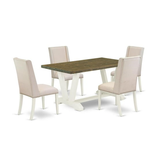 East West Furniture V-Style 5-piece Wood Dining Set in Linen White/Cream