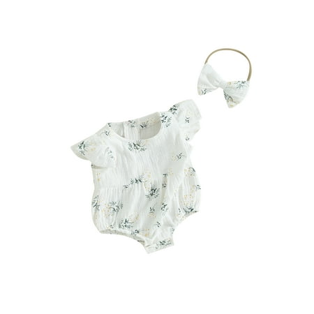

FEORJGP Infant Baby Girl 2 Piece Outfits Newborn Short Fly Sleeve Jumpsuit Floral Print Ruffle Romper Crew Neck Bodysuit and Headband Toddlers Cute Fashion Summer Clothes