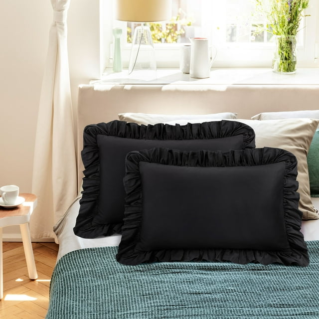 PiccoCasa 2 Pcs 100% Cotton Ruffled Pillowcases Soft with Envelope Black Standard