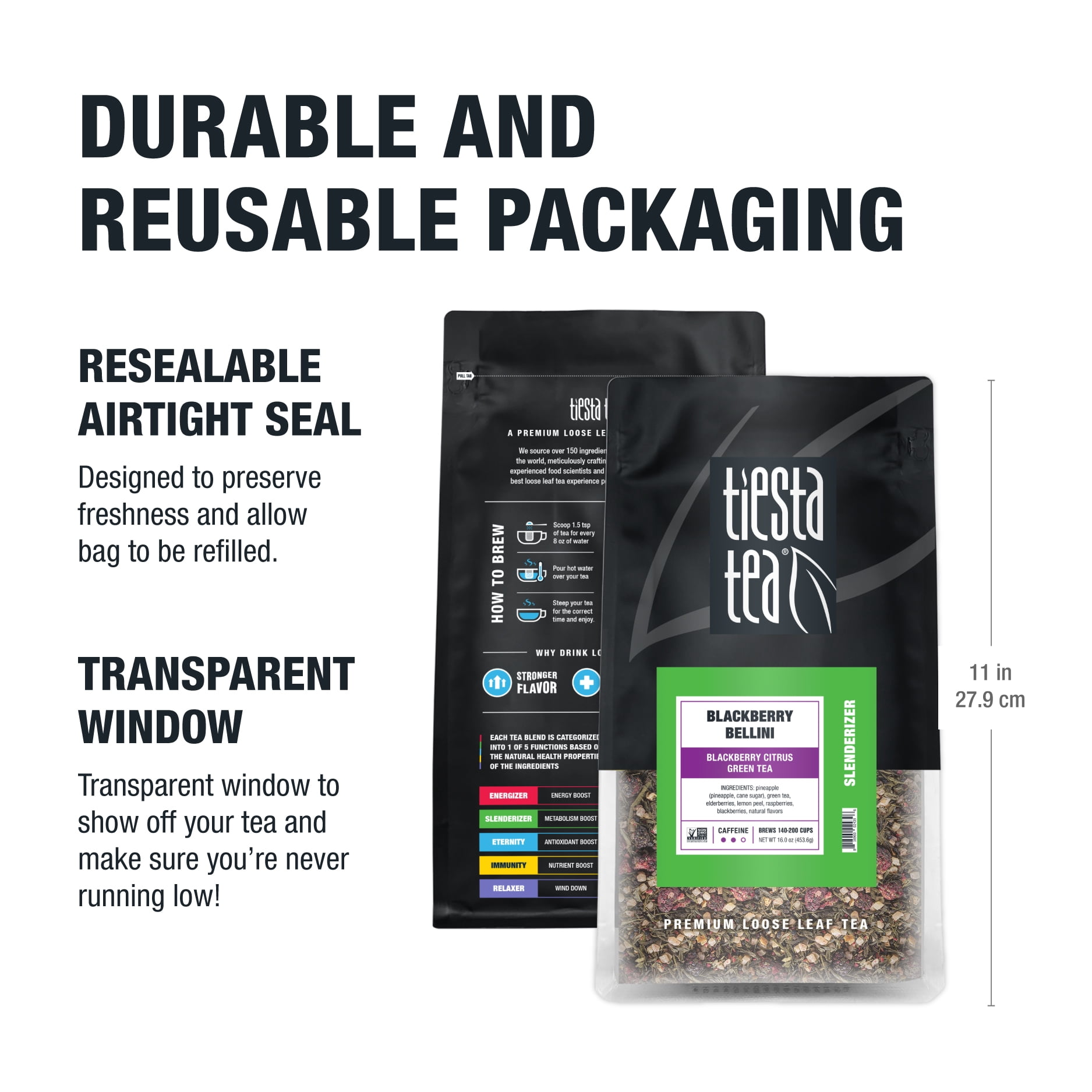 Tiesta Tea - Blackberry Bellini, Slenderizer Loose Leaf Green Tea, Blackberry Citrus Green Tea Blend, Medium Caffeine, Make Hot or Iced Tea & Brews Up to 200 Cups - 16 oz Resealable Bulk Pouch