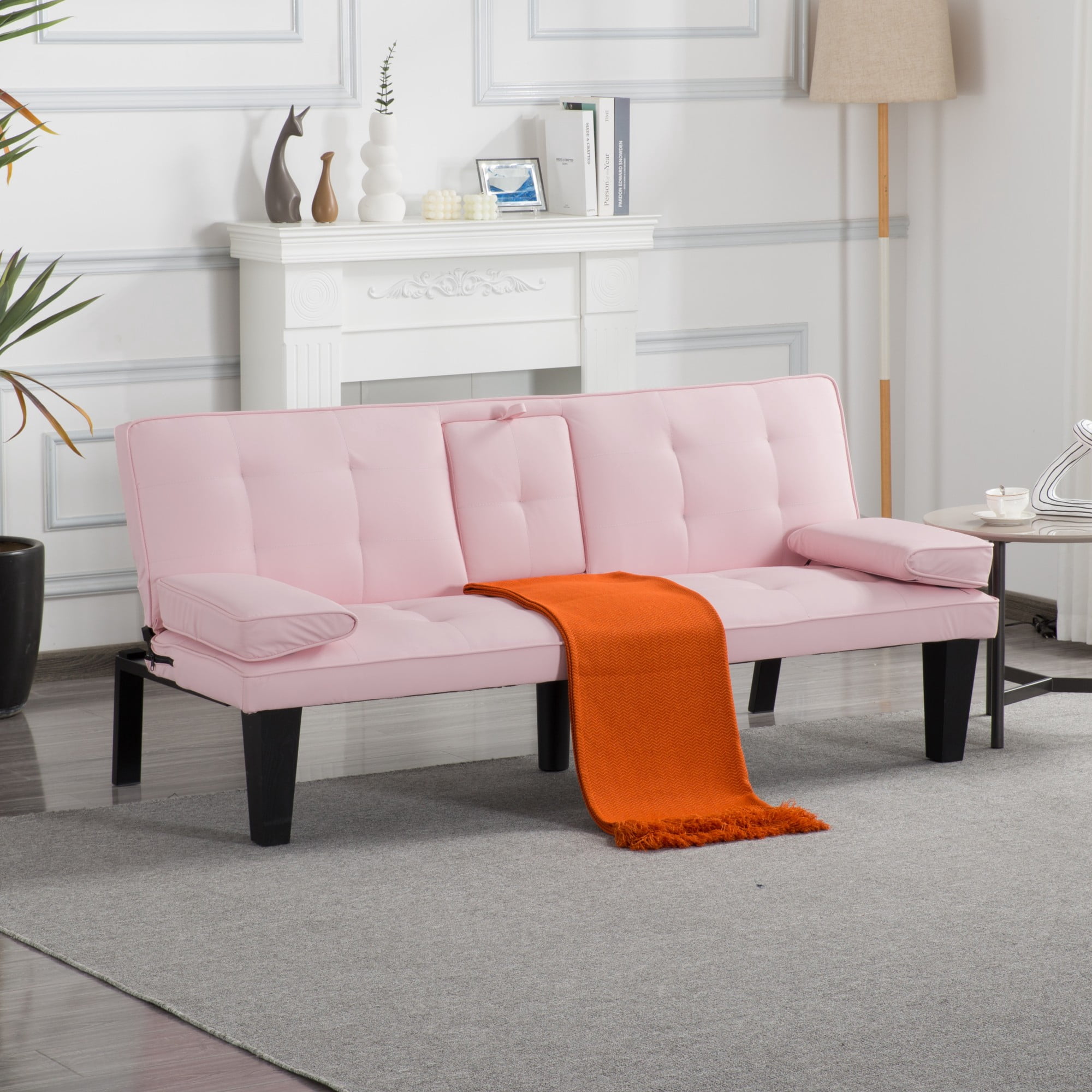 BSHTI 65" PU Futon Sofa Bed with Drop-Down Console, Cup Holders, 3-Position Backrest, Arm Cushions, Chrome Legs for Living Room（Pink）