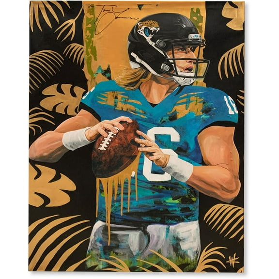 Trevor Lawrence Jacksonville Jaguars Autographed Stretched 30" x 40" Embellished Canvas Giclee Print - Art by Cortney Wall - Gold & Jungle - Fanatics Authentic Certified
