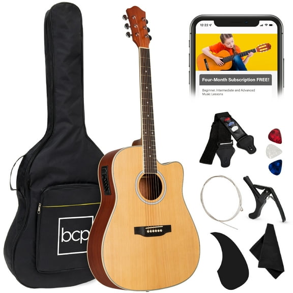 Best Choice Products Beginner Acoustic Electric Guitar Starter Set 41in w/ All Wood Cutaway Design, Case - Natural
