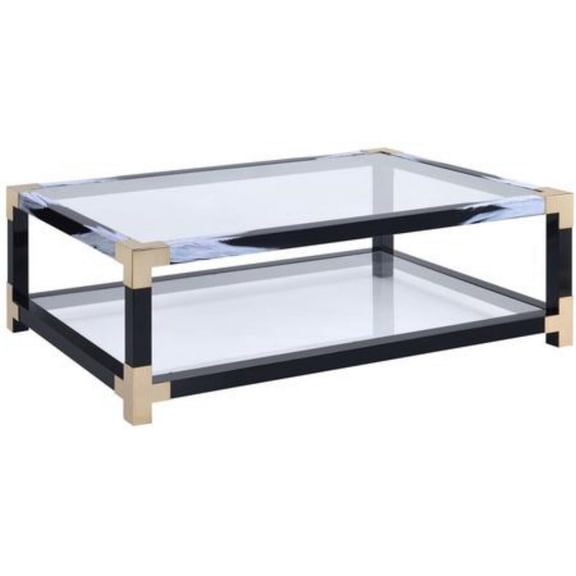 Rectangular Metal Coffee Table with Glass Top and Shelf in Black