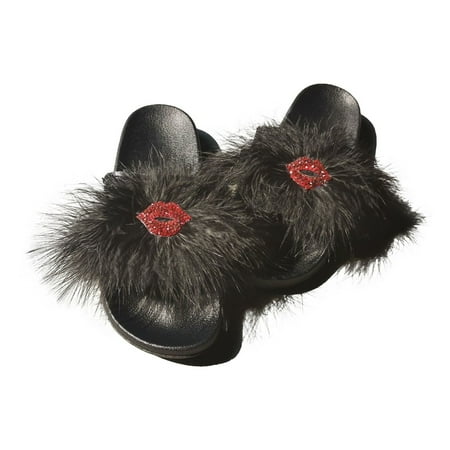 

YTJX Fashion Spring And Summer Women Slippers Thick Bottom Flat Plush Red Lip Decoration Rhinestones