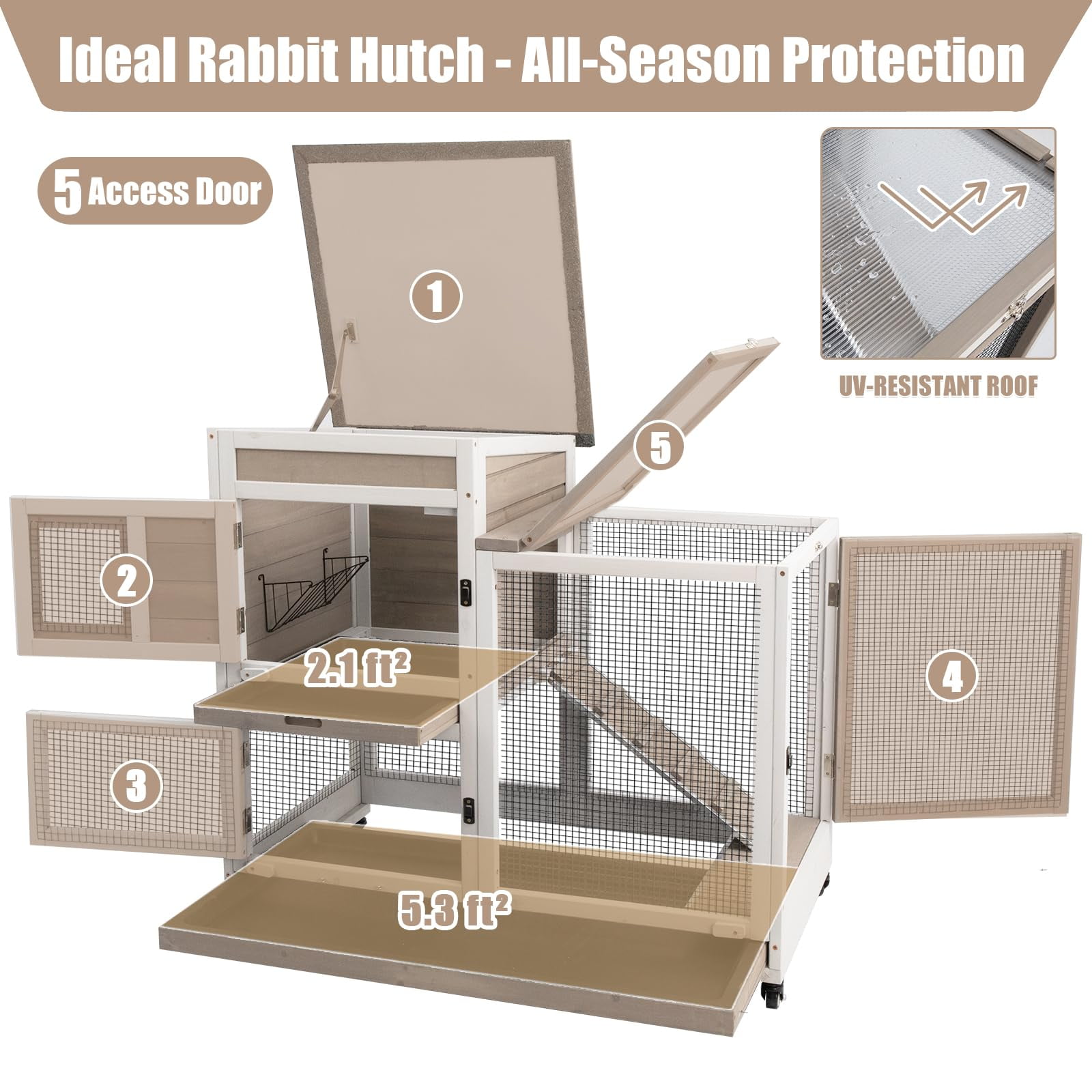 Rabbit Hutch Indoor Outdoor 40 Inch Large 2 Story Wooden Bunny Cage with Run, 4 Lockable Wheels & Deep Trays, UV Proof Panel Pet House for Rabbits Guinea Pigs Small Animals, grey