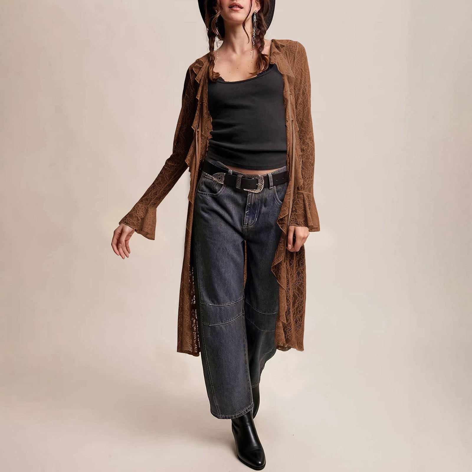 Fengqque Women Print Sheer Lace Maxi Duster Open Front Ruffled Trim Drawstring Long Sleeve Lightweight Layering Outer Cover Up Coffee S