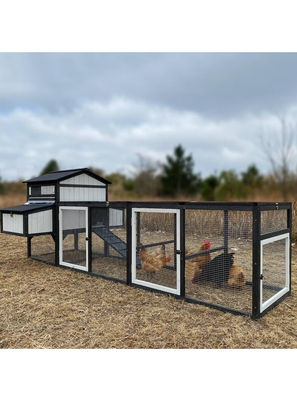 PETCOSSET 116" Extra Large Chicken Coop Wooden Hen House for 4-8 Chickens with Run Outdoor 2-Story Poultry Cage Indoor Chicken Houses 4 Nesting Boxes, 4 Perches, Removable Tray and Ramp, Combinable