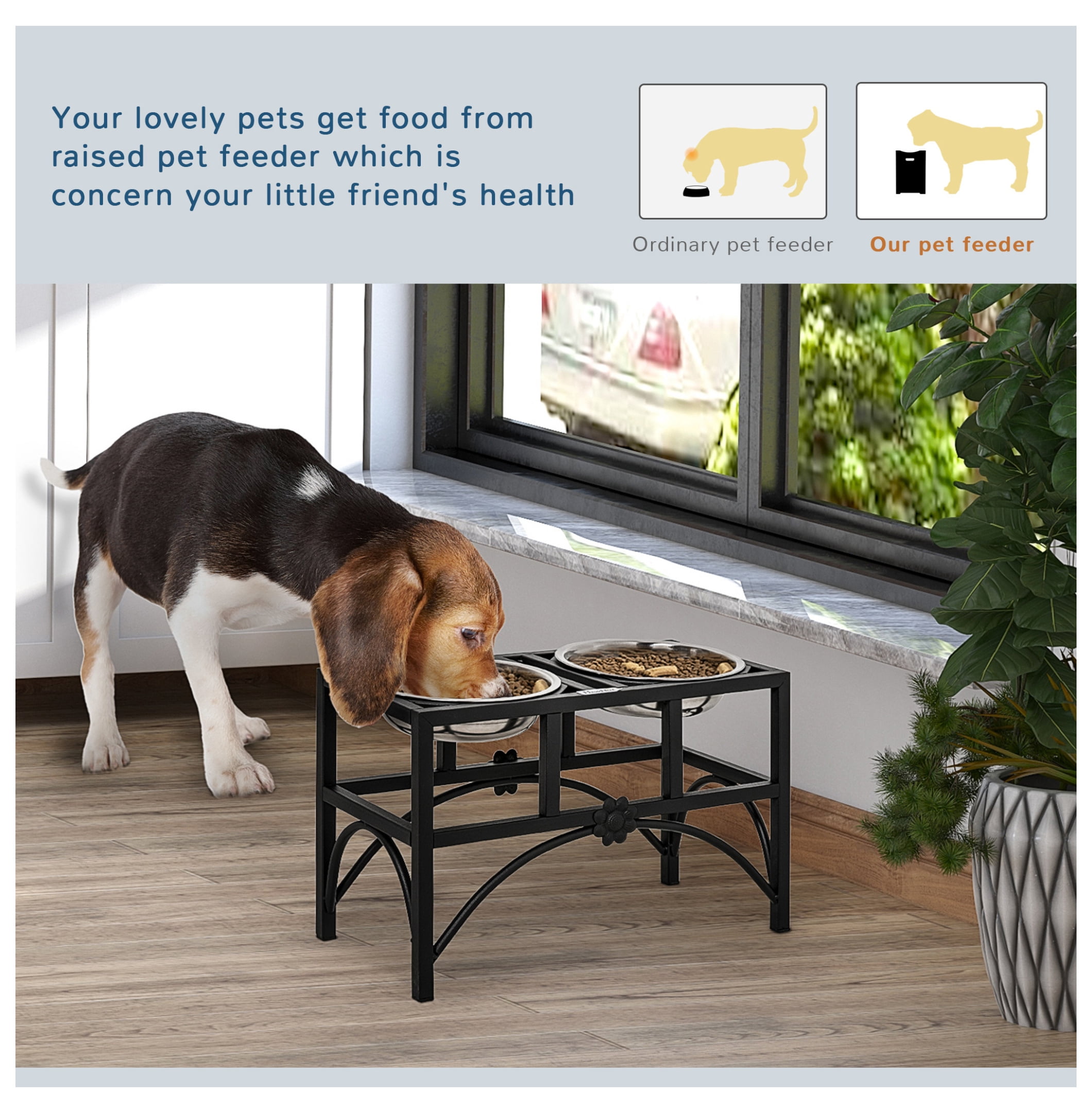 Double Dog Bowl Elevated Feeder - 17" Stainless Steel Pet Food Water Bowls - Heavy Duty Non-Slip Elevated Feeding Station for Dogs & Cats