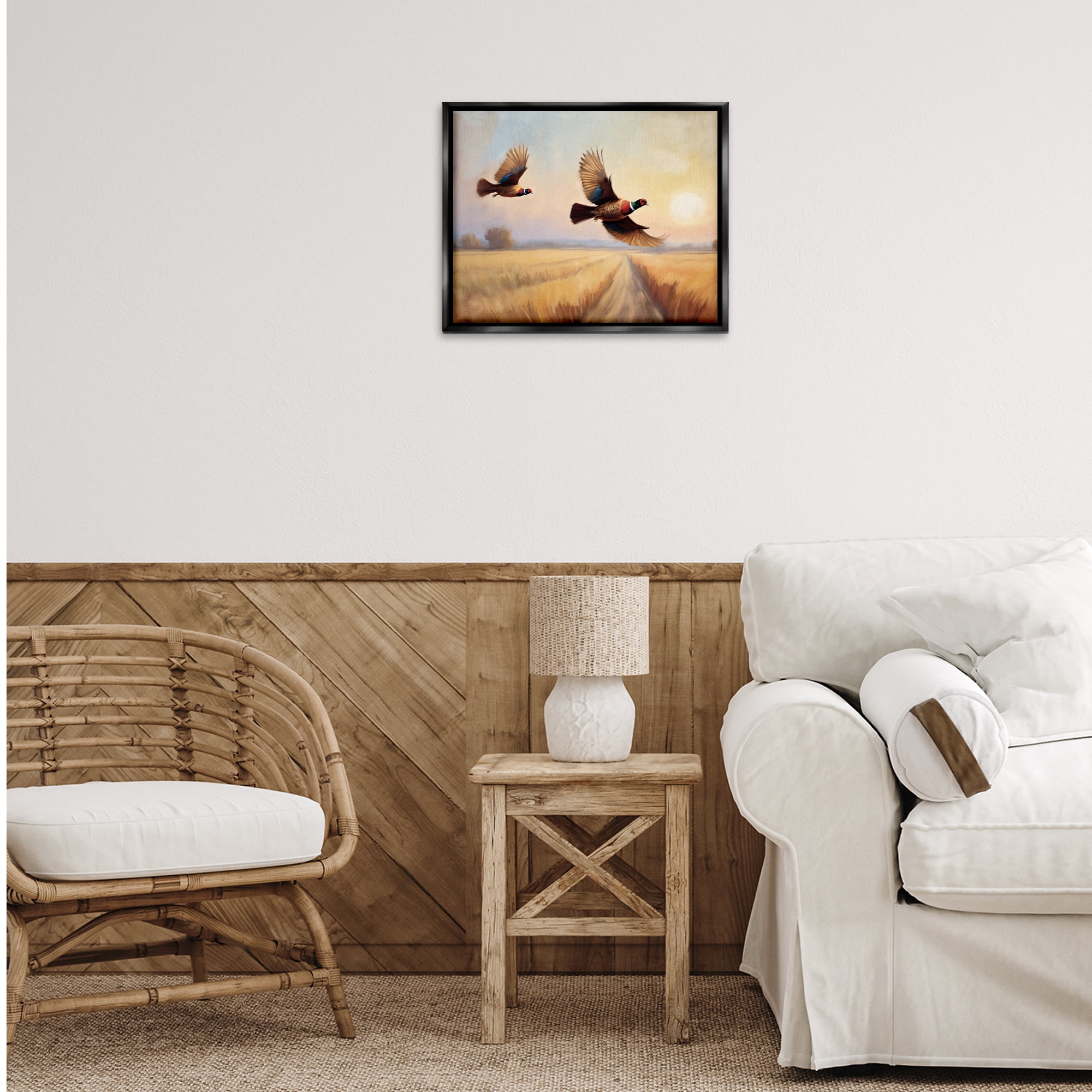Stupell Industries Fall Flight Pheasants Landscape & Nature Painting Black Floater Framed Canvas Art Print Wall Art, 21 x 17