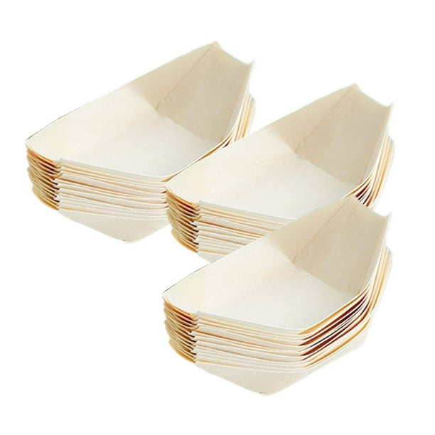50 bandejas de madera para servir, desechables, para comida, sushi, platos 14cmx8cm