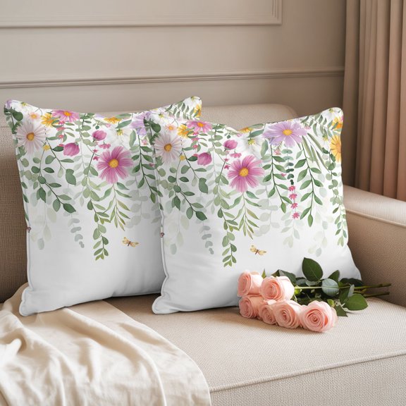 Outdoor Throw Pillow Covers,Pastoral Watercolor Flower Leaves Waterproof Decorative Pillowcases Cushion Cover Farmhouse Florets Pillow Cases for Patio Couch Sofa Bed,18x18in Set of 2
