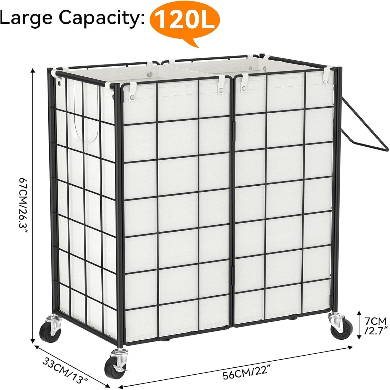 Double Laundry Hamper with Wheels,Metal Wire Frame Rolling Laundry Basket with 2 Removable bags,120L Dirty Clothes Hamper Organizer Dorm Room Storage for Bedroom,Bathroom