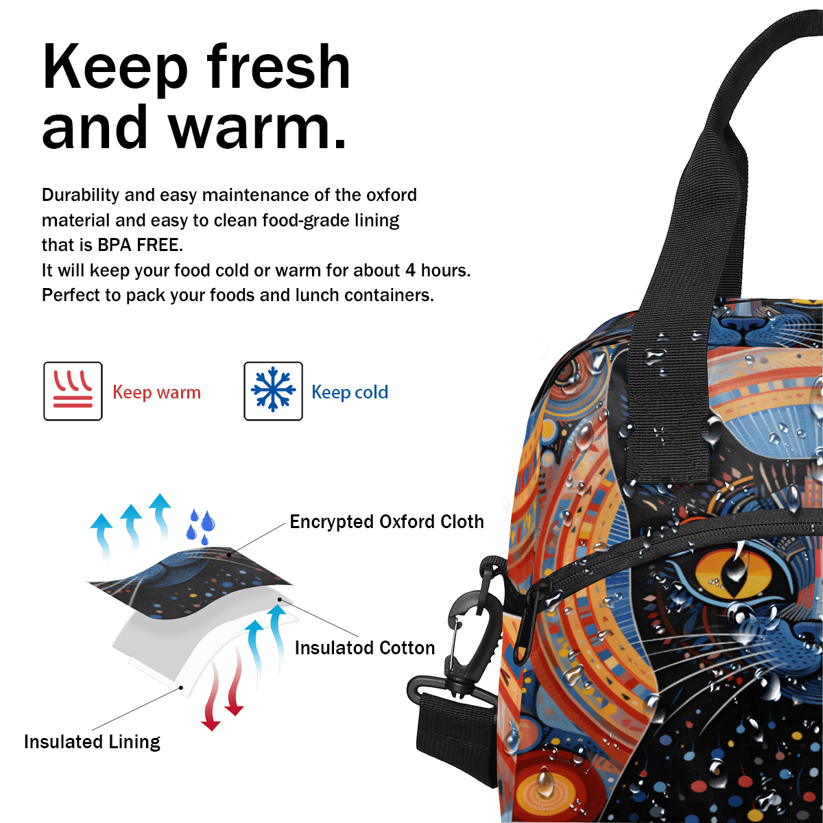 Herdesigns Boho Cat Insulated Lunch Bag for Women Men Adults Large Reusable Lunch Box Ethnic Cat Leakproof Cooler Tote Bags with Adjustable Shoulder Strap