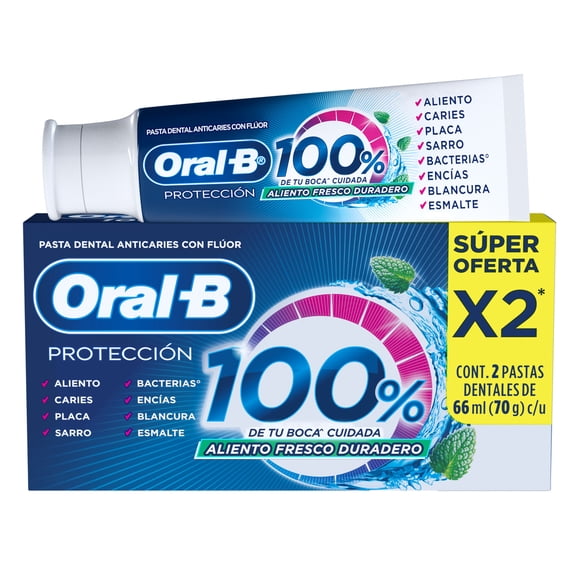 Pasta Dental Oral-B Protección 100% de tu Boca* Cuidada, 2 pzas de 66 ml
