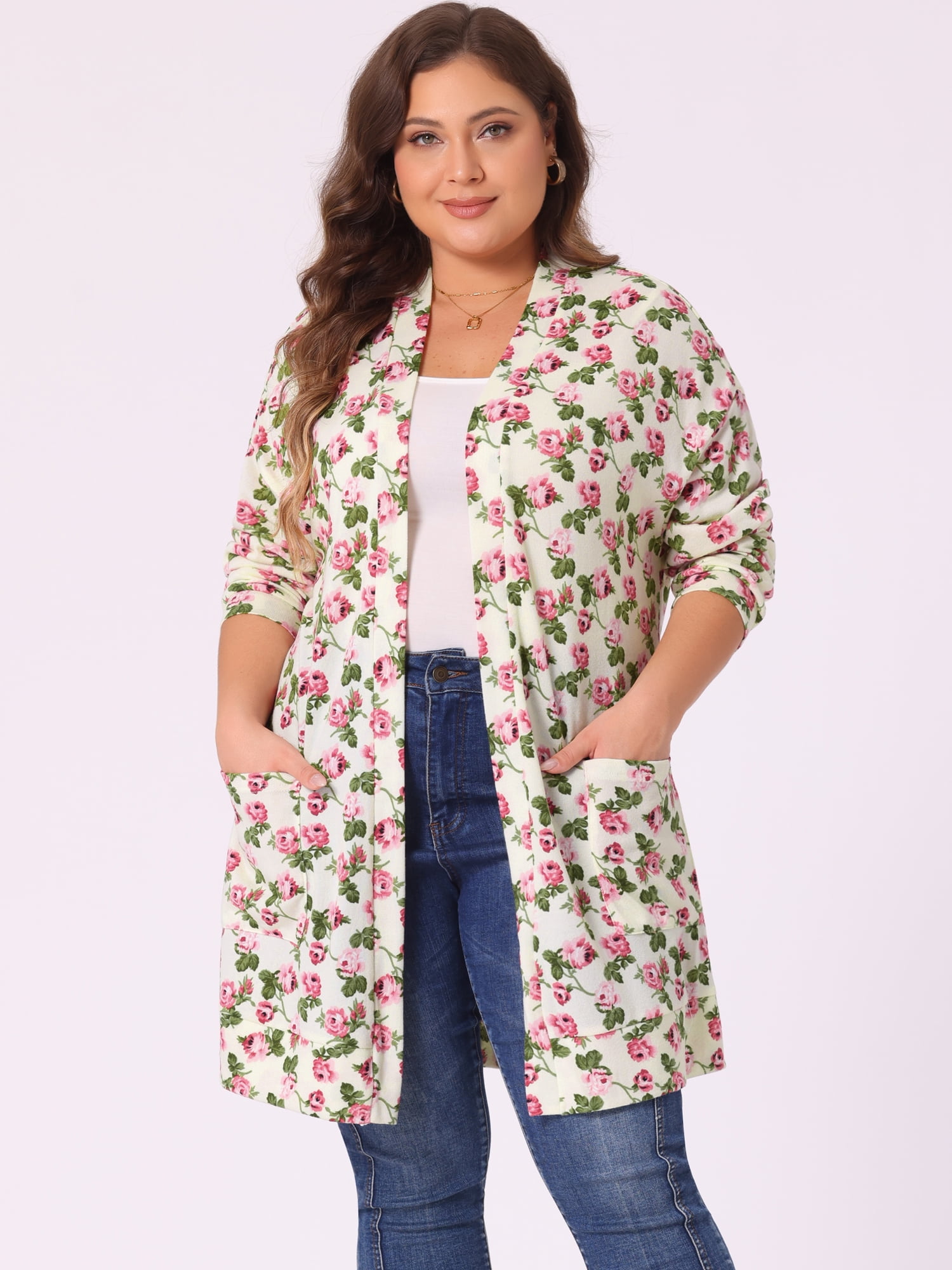 DARING DIVA Plus Size Open Front Knit Fabric Floral Outerwear Cardigan 3X Beige
