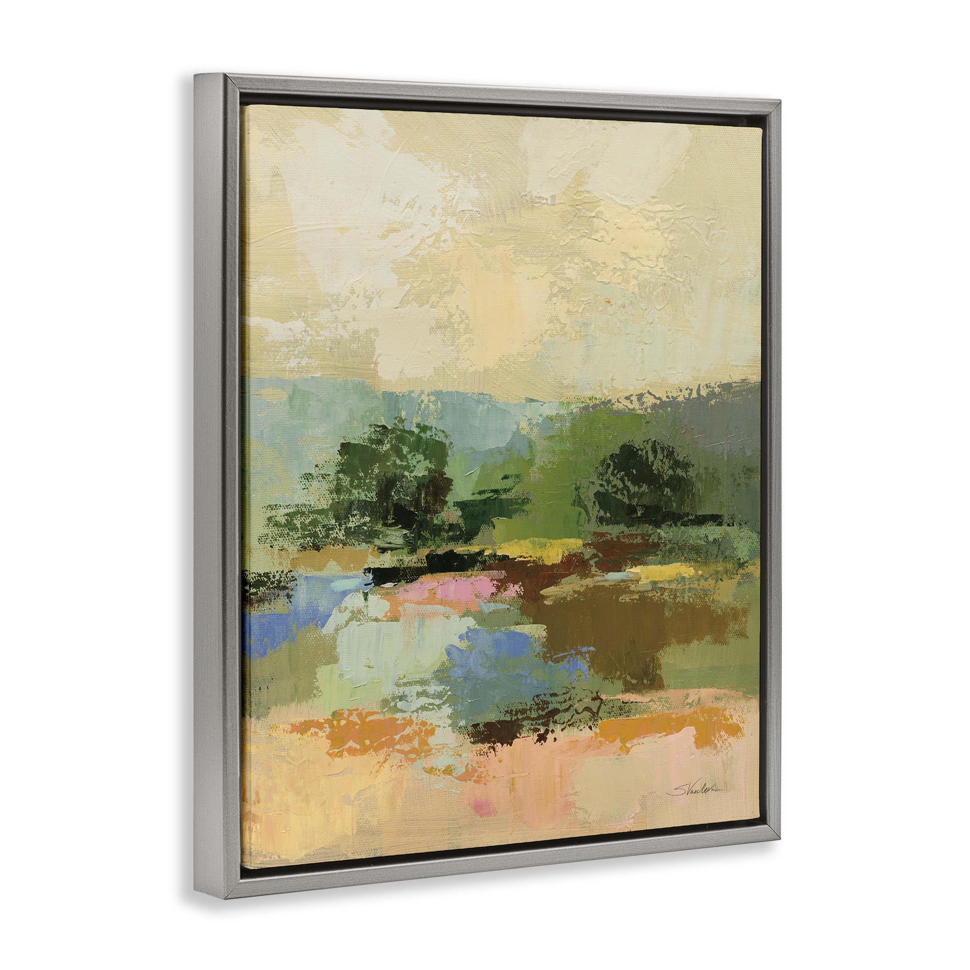 Stupell Industries Across The River Abstract Landscape Painting Gray Floater Framed Art Print Wall Art, 17 x 21