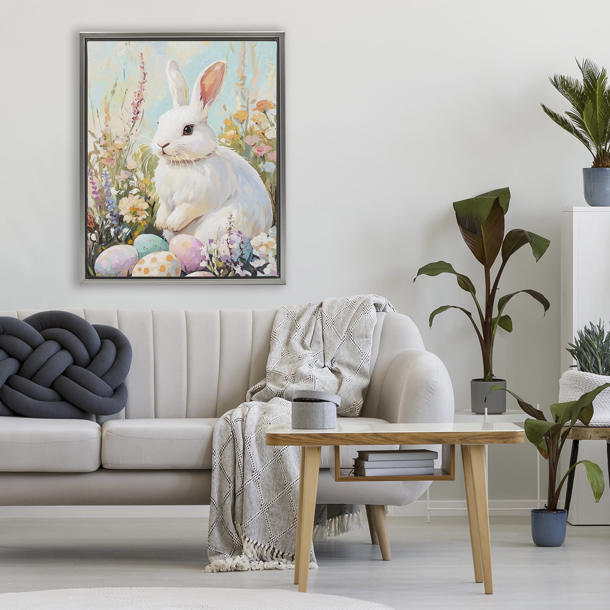 Stupell Industries White Easter Bunny in Wildflowers Gray Framed Floater Canvas Wall Art, design by The Prints Vibe