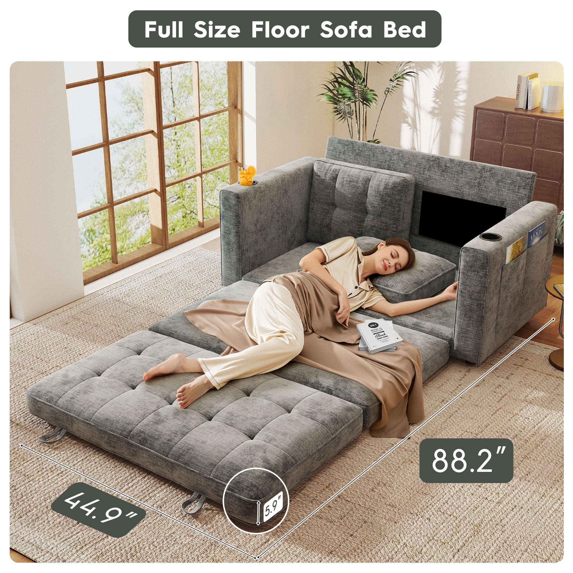 BedLuxury 55" Foldable Loveseat Futon Sofa Bed with Cup Holder & Storage Pocket, Sleeper Couch, Space Saving, Chenille Gray