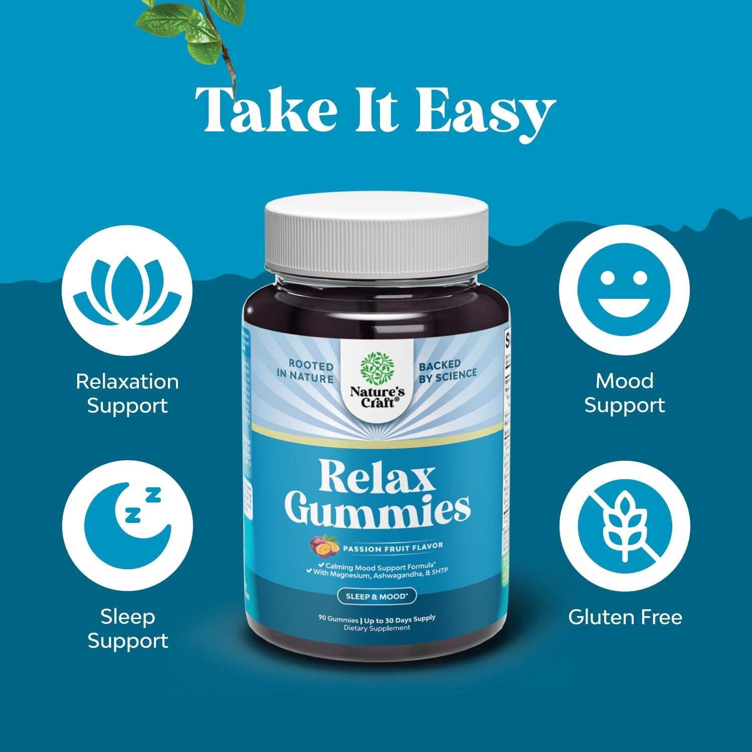 Natures Craft Relax L-Theanine Gummies 100mg Stress Relief Supplement, Passion Fruit, 90 Count