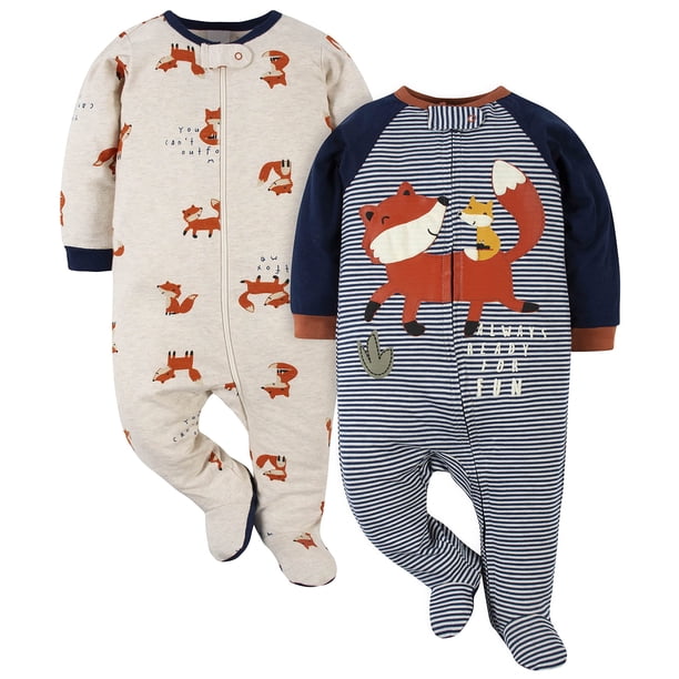 Gerber Paquete de 2 Pijamas Sleep 'N Play para bebés, Azul Zorro, 3-6 Meses