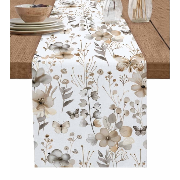 Boanket Brown Grey Floral Spring Table Runner - 70 Inch Long, Kitchen Dining Table Runner Dresser Scarves, Watercolor Botanical Butterfly Farmhouse Home Decor for Coffee Table Wedding Party Banquet