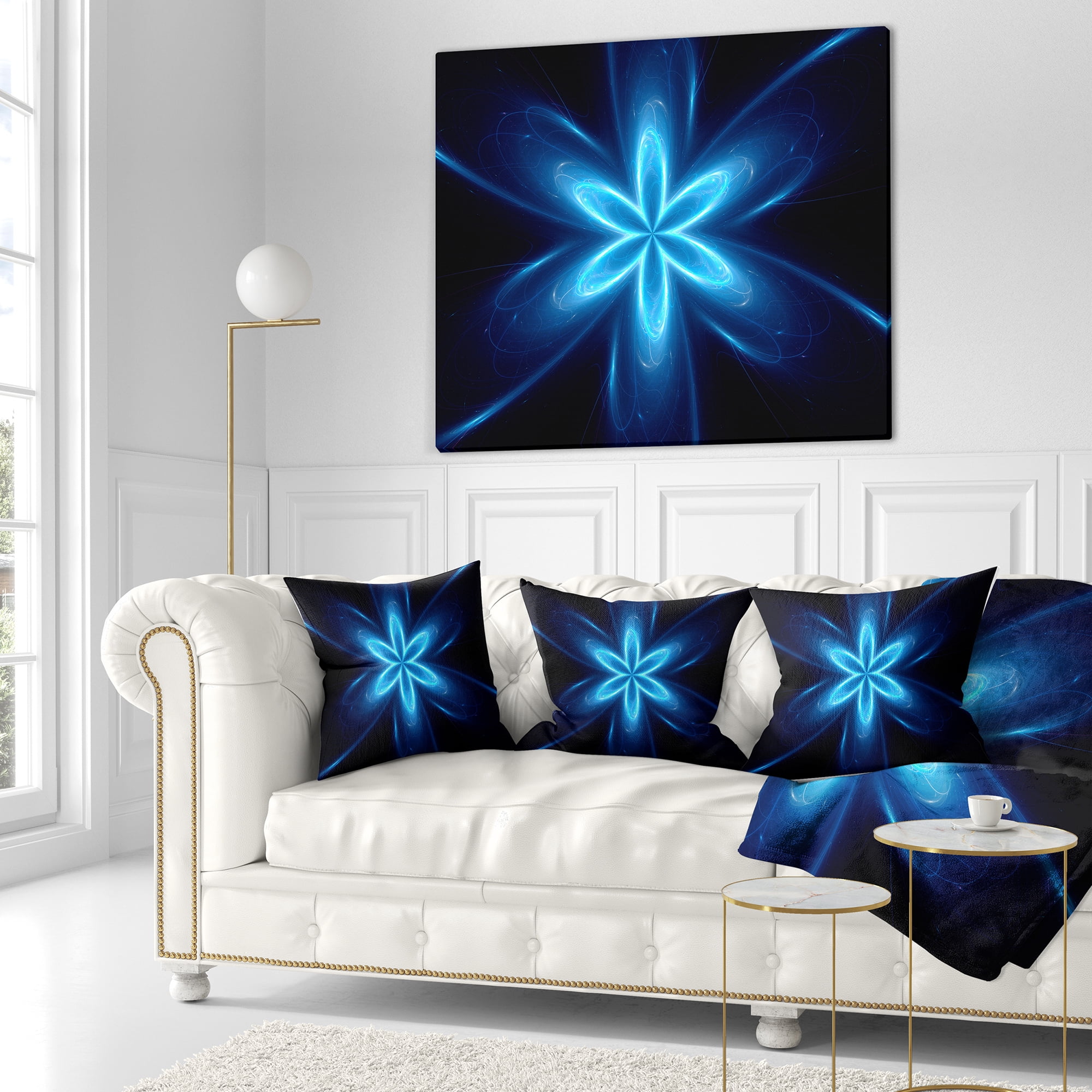 Designart Blue Glowing Space Fractal Flower - Flower Throw Pillow - 16x16