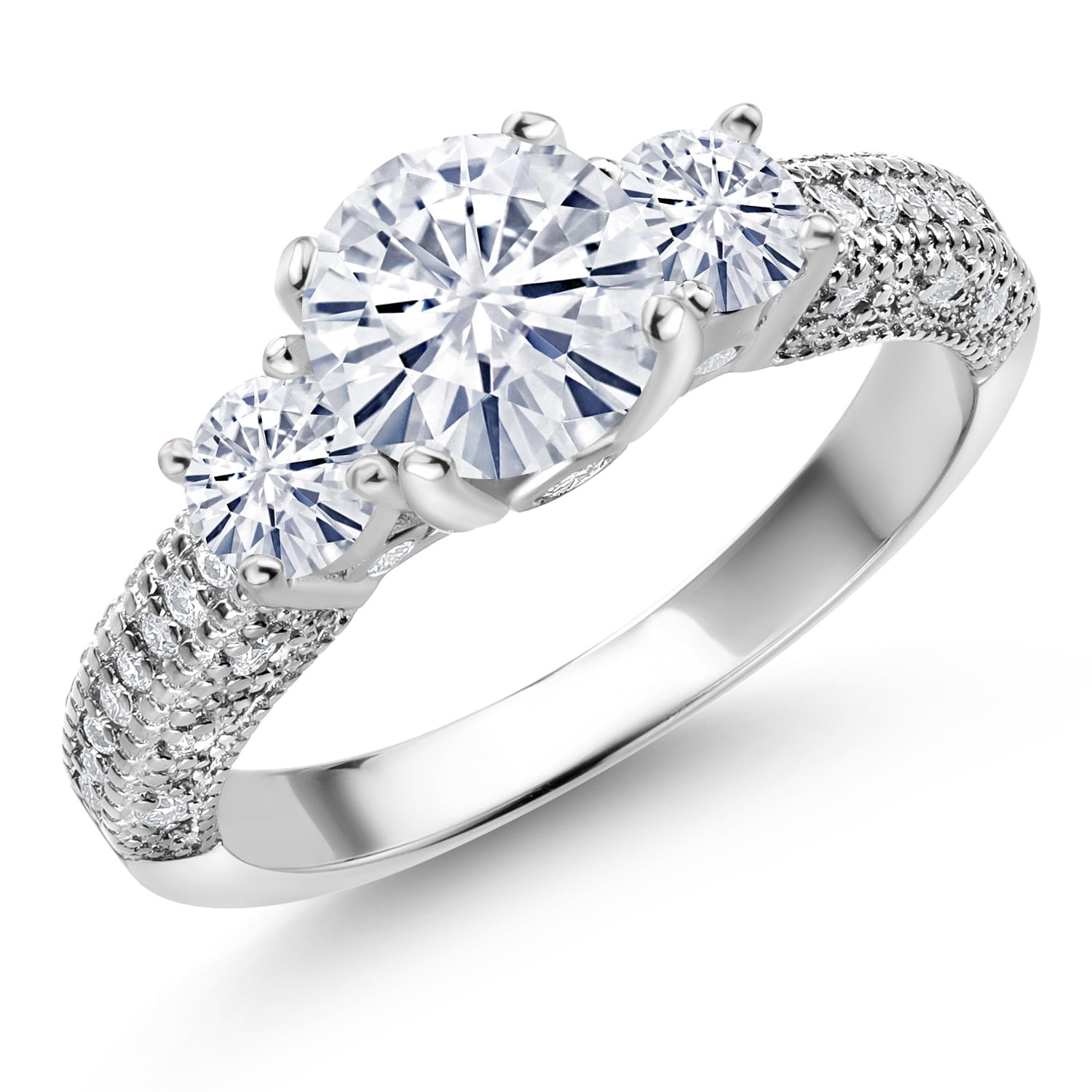 Gem Stone King 925 Sterling Silver White Moissanite Engagement Ring for Women (1.74 Cttw, Round 7MM and 4MM, Size 6)