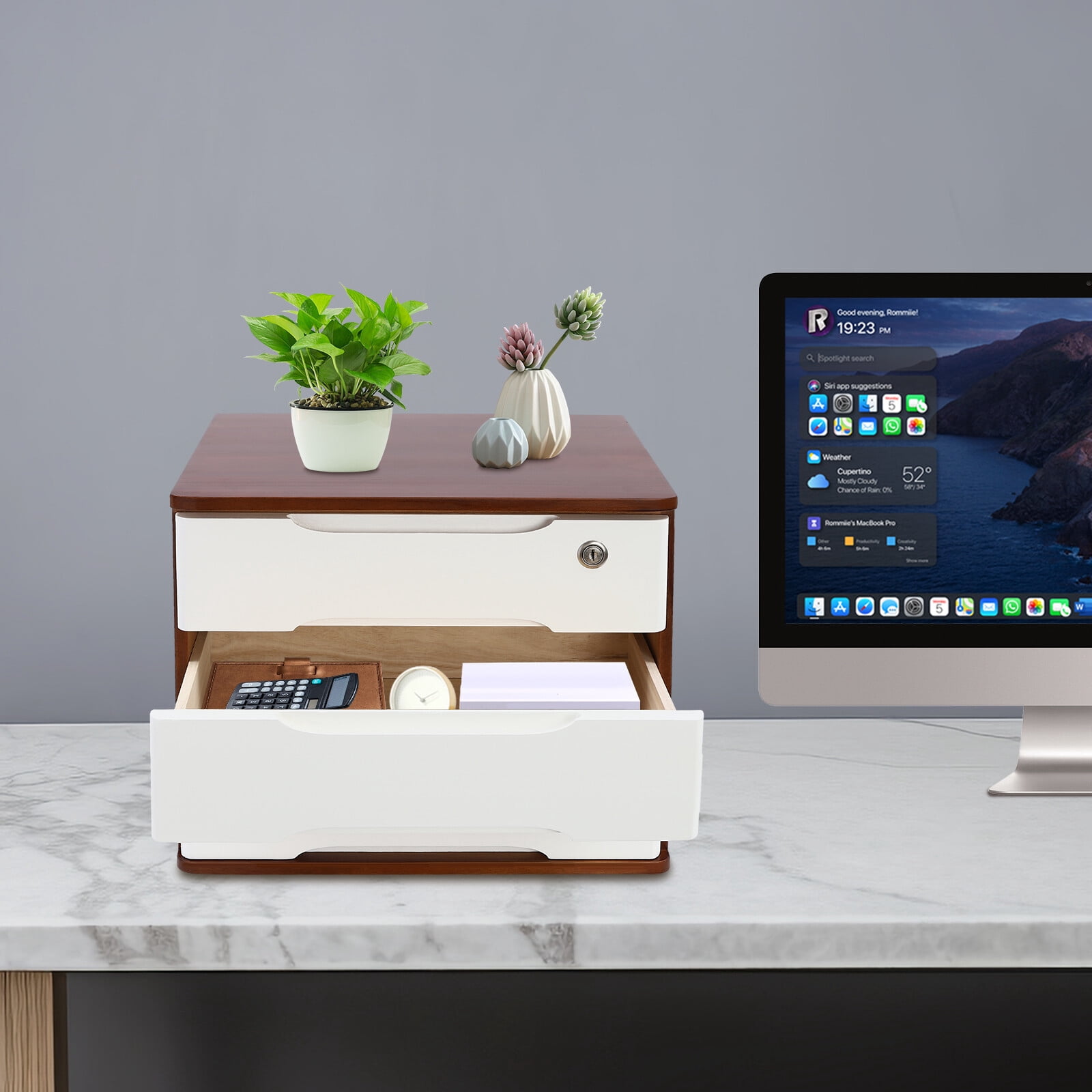 ToppiJoy 3-Tier Wooden Desktop Storage Box with Lockable Drawers, Modern Tung Wood Desk Organizer, Bamboo Storage with Keys (Walnut, White)