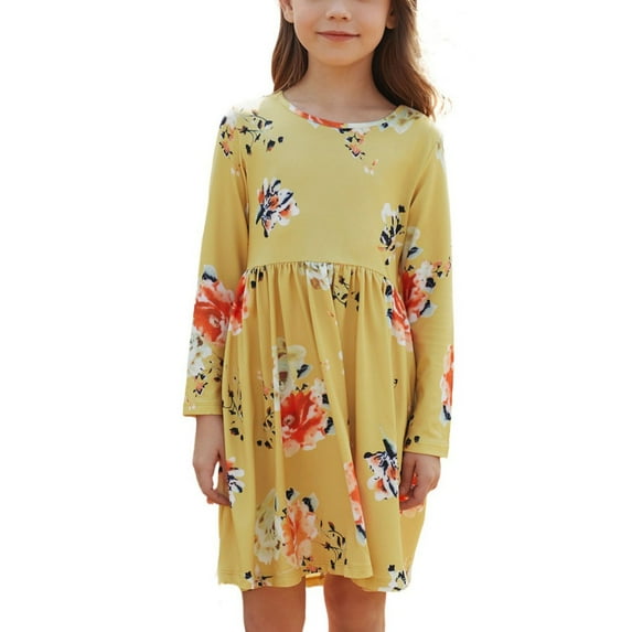 Uccdo Little Girls Casual Dresses with Pockets, Big Girls Long Sleeve Floral Tunic Dress, Teenager Girls Round Neck Loose Beach Sundress, Flower Girl Swing Midi T-Shirt Dress, Size 4-13 Years
