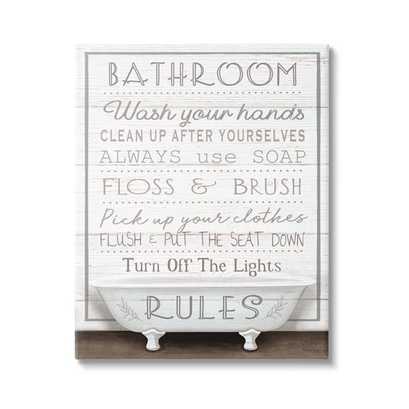 Stupell Industries Rustic Bathroom Rules Tub Typography Painting Gallery Wrapped Canvas Art Print Wall Art, 16 x 20