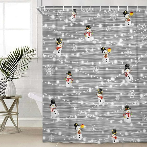 Merry Christmas Cute Snowman Shower Curtain, Winter Happy Xmas Snow Bathroom Shower Curtain Set, Art Grey Fabric Bath Curtain with 12 Hooks,70X70IN