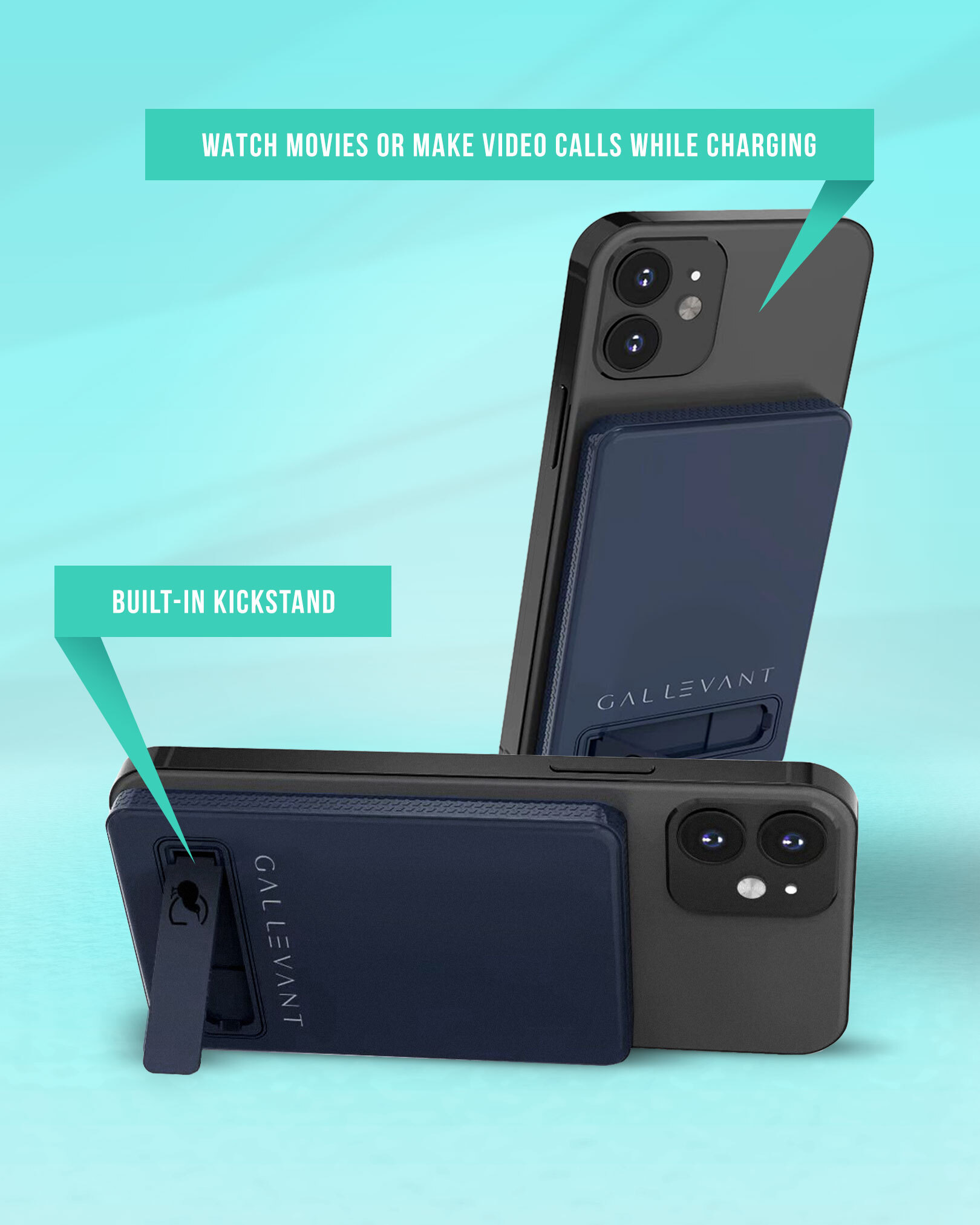 Gallevant 5000mAh Magnetic Wireless Power Bank: Compact, Stylish, Multi-Device Charging, with Built-in Kickstand and USB-C Port – Portable, Fast Charging for iPhone & Android, Navy