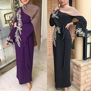 Aellinatey Women Muslim Dubai Abaya Long Sleeve Maxi Dress Floral Lace Beading Hijab Kaftan