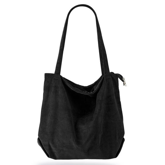 Women's Velvet Zipper Tote Bag Casual Handbag Large Capacity Shoulder Bag With Pockets Black
