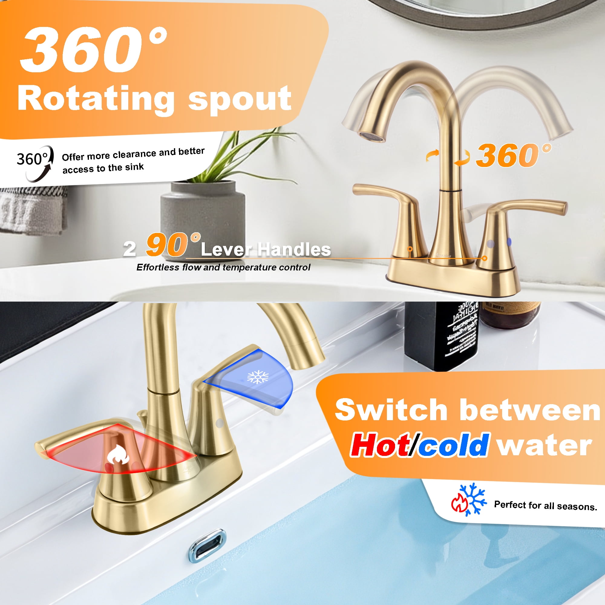 Sunrinx 4-Inch Bathroom Sink Faucet Brushed Gold 2 Handle Centerset High Arc Swivel Faucet