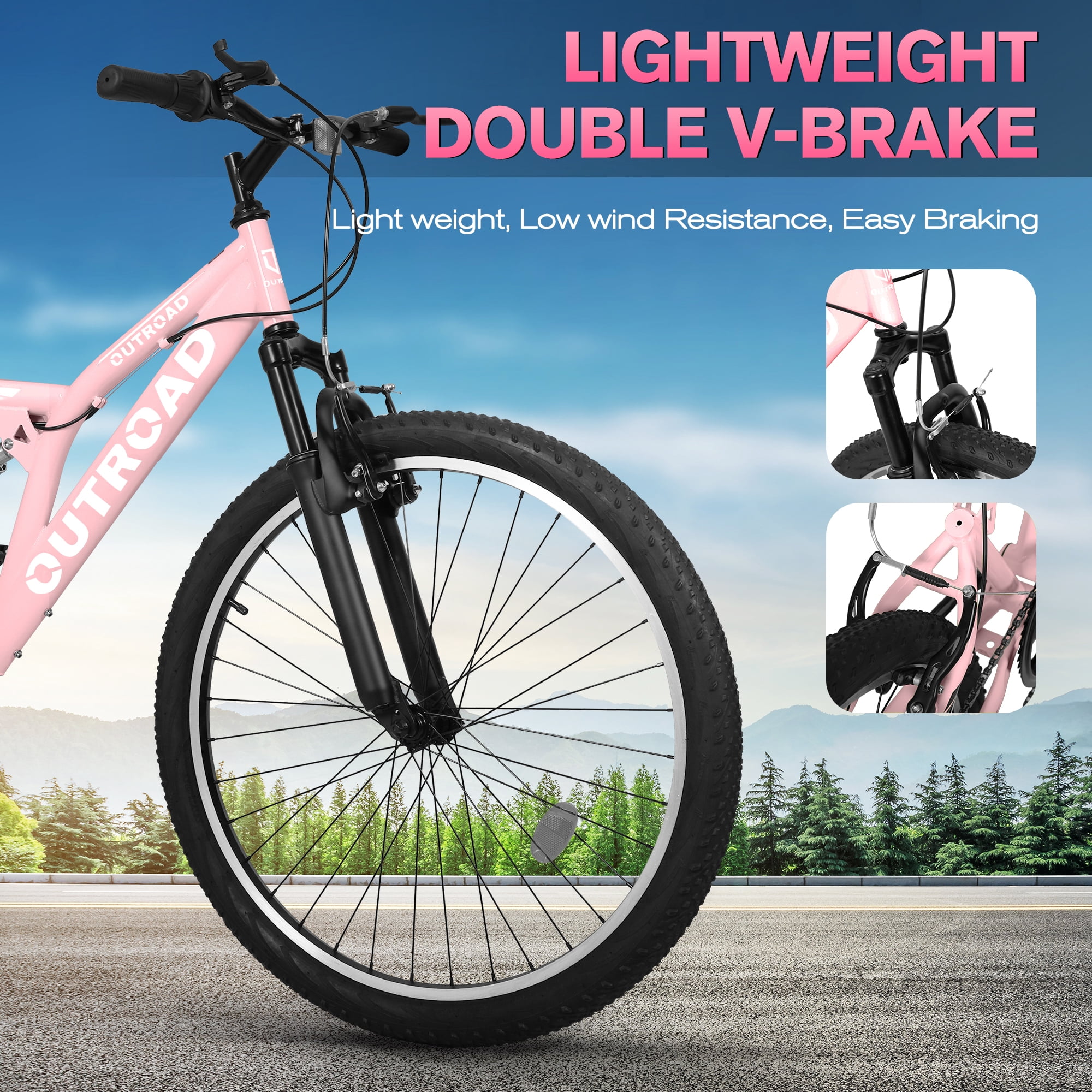 Marknig 26 inch Mountain Bike, 7 Speed Adult Bicycle with High-Carbon Steel Frame, Dual Disc & V-Brakes, Adjustable Seat for Men and Women,MTB with Shock Absorption System, Pink